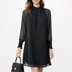 Zara dress high neck shift dress black Swiss dot chiffon long sleeve Sz S